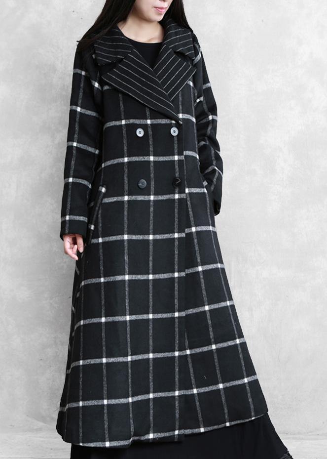 Boutique Black Plaid Wool Coat for Woman Loose Fitting Notched Tie Waist Winter Coat