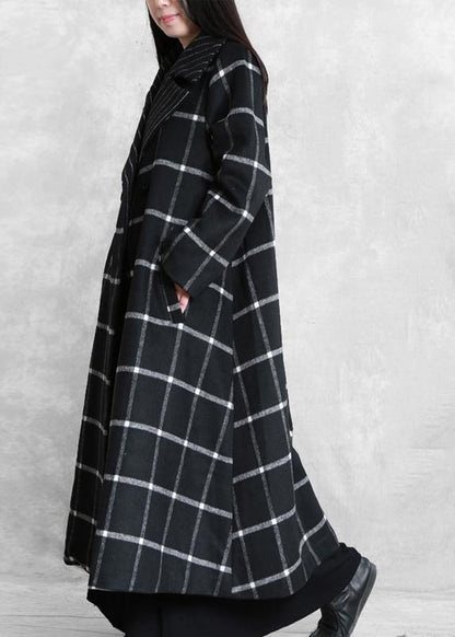 Boutique Black Plaid Wool Coat for Woman Loose Fitting Notched Tie Waist Winter Coat