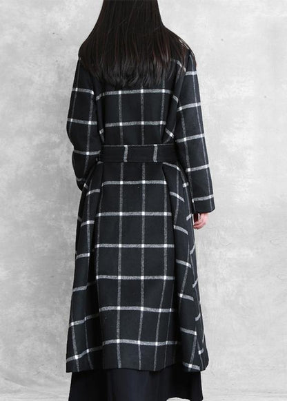 Boutique Black Plaid Wool Coat for Woman Loose Fitting Notched Tie Waist Winter Coat