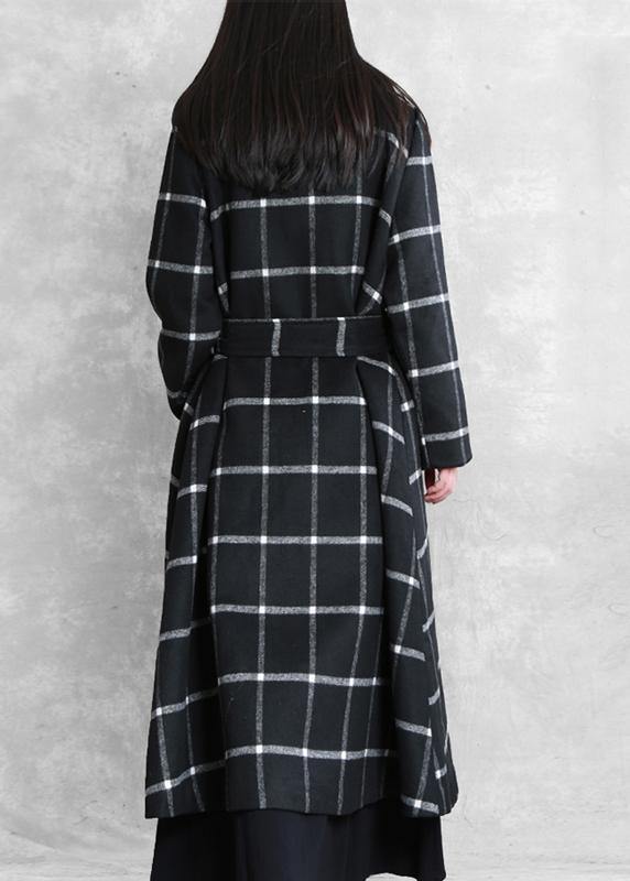 Boutique Black Plaid Wool Coat for Woman Loose Fitting Notched Tie Waist Winter Coat