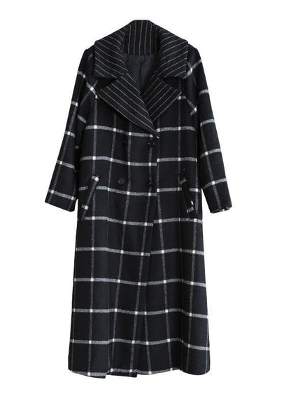 Boutique Black Plaid Wool Coat for Woman Loose Fitting Notched Tie Waist Winter Coat