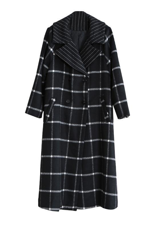 Boutique Black Plaid Wool Coat for Woman Loose Fitting Notched Tie Waist Winter Coat