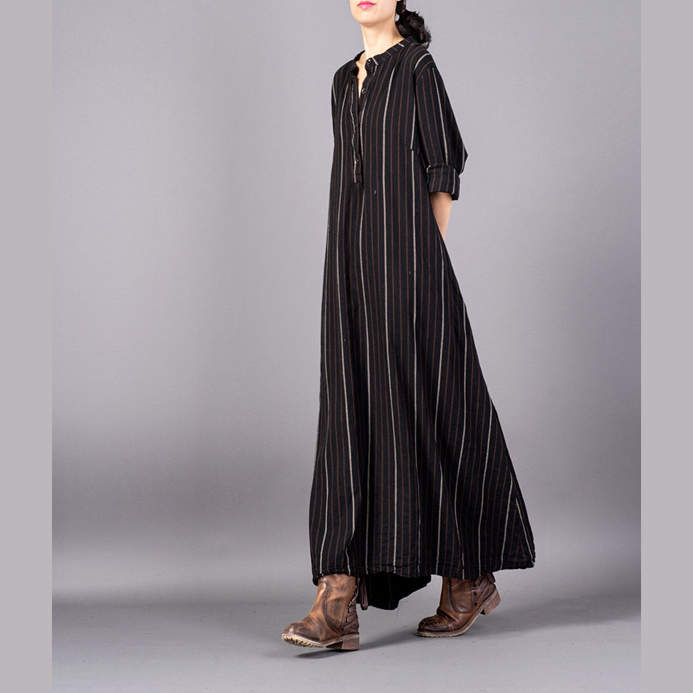 Boutique Black Striped Loose Fitting Stand Collar Clothing Dresses Fine Baggy Pockets Maxi Dresses