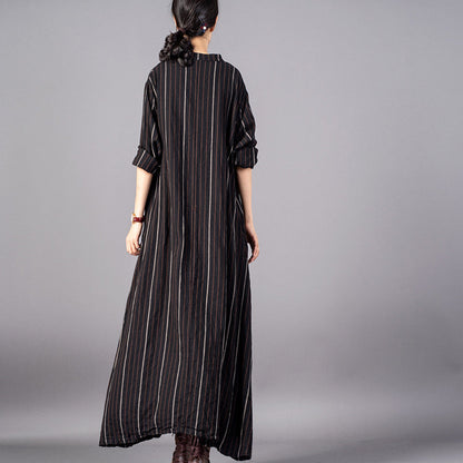 Boutique Black Striped Loose Fitting Stand Collar Clothing Dresses Fine Baggy Pockets Maxi Dresses