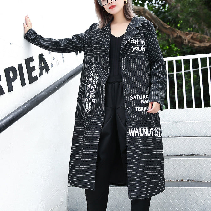 Boutique Black Striped Coat Lapel Print Coat Baggy Coats