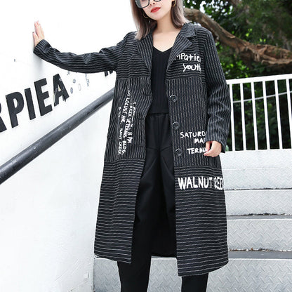 Boutique Black Striped Coat Lapel Print Coat Baggy Coats