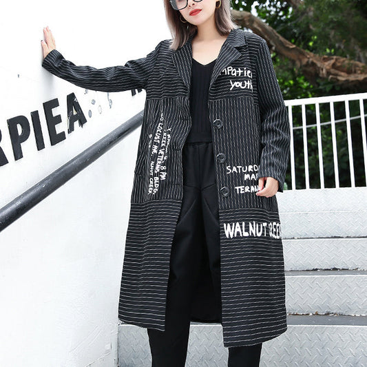 Boutique Black Striped Coat Lapel Print Coat Baggy Coats