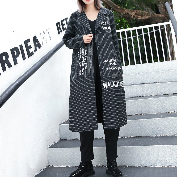 Boutique Black Striped Coat Lapel Print Coat Baggy Coats