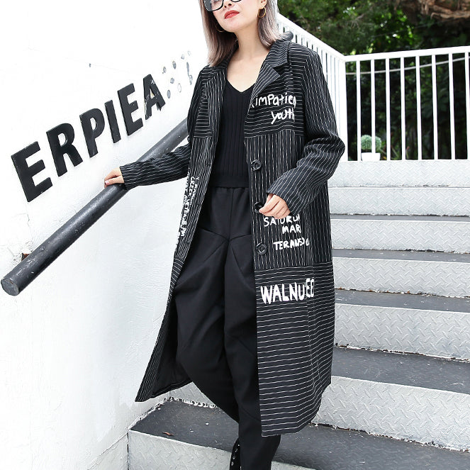 Boutique Black Striped Coat Lapel Print Coat Baggy Coats