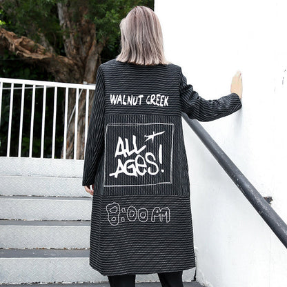 Boutique Black Striped Coat Lapel Print Coat Baggy Coats