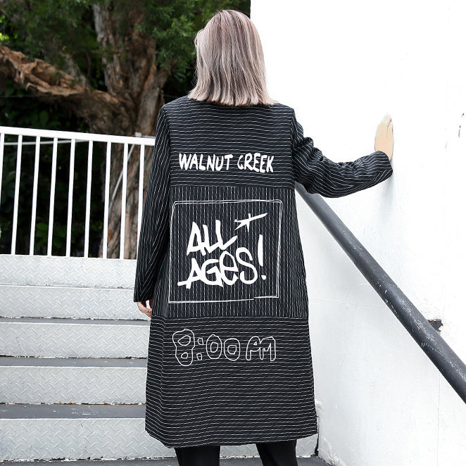 Boutique Black Striped Coat Lapel Print Coat Baggy Coats