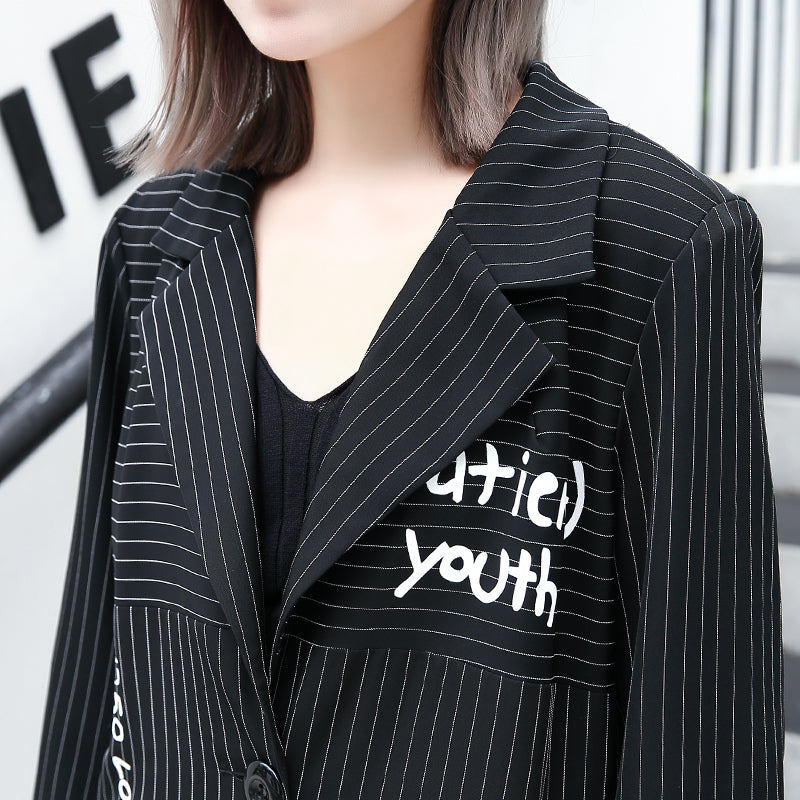 Boutique Black Striped Coat Lapel Print Coat Baggy Coats