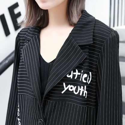Boutique Black Striped Coat Lapel Print Coat Baggy Coats
