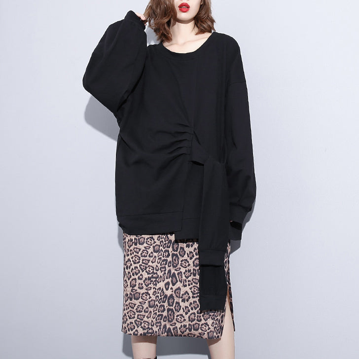 Boutique Black T Shirt Clothing O Neck Cinched T Shirts New Tie Waist Asymmetrical Natural Pullover