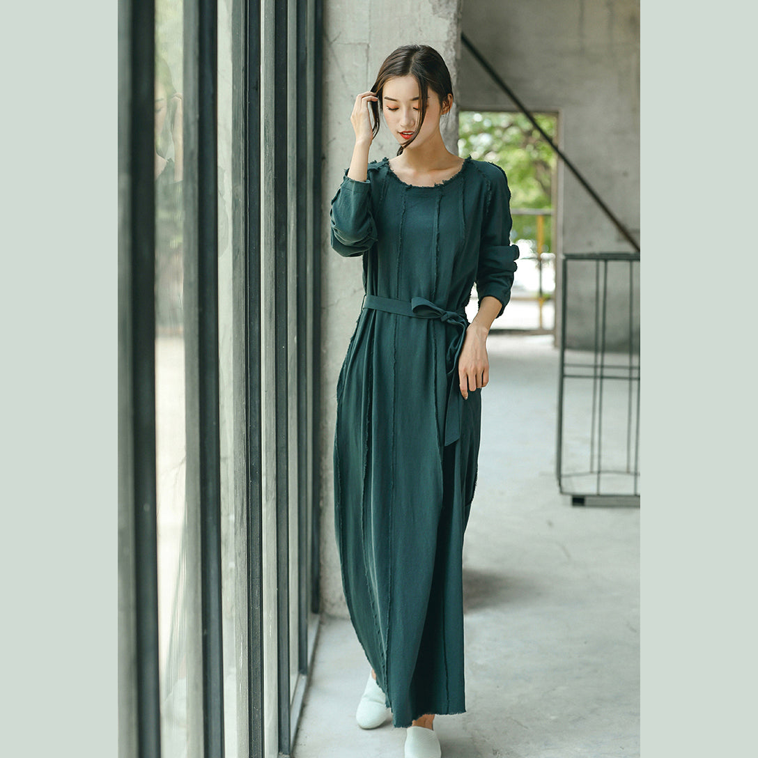 Boutique Blackish Green Clothing O Neck Baggy Dresses Traveling Clothing Tie Waist Dresses
