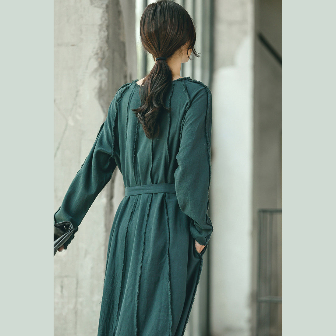 Boutique Blackish Green Clothing O Neck Baggy Dresses Traveling Clothing Tie Waist Dresses