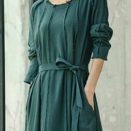 Boutique Blackish Green Clothing O Neck Baggy Dresses Traveling Clothing Tie Waist Dresses