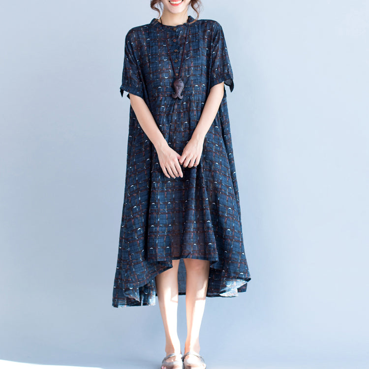 Boutique Blue Plaid Natural Cotton Linen Dress Stand Baggy Dresses Boutique Short Sleeve Asymmetrical Design Dresses