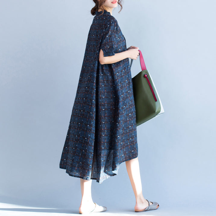 Boutique Blue Plaid Natural Cotton Linen Dress Stand Baggy Dresses Boutique Short Sleeve Asymmetrical Design Dresses