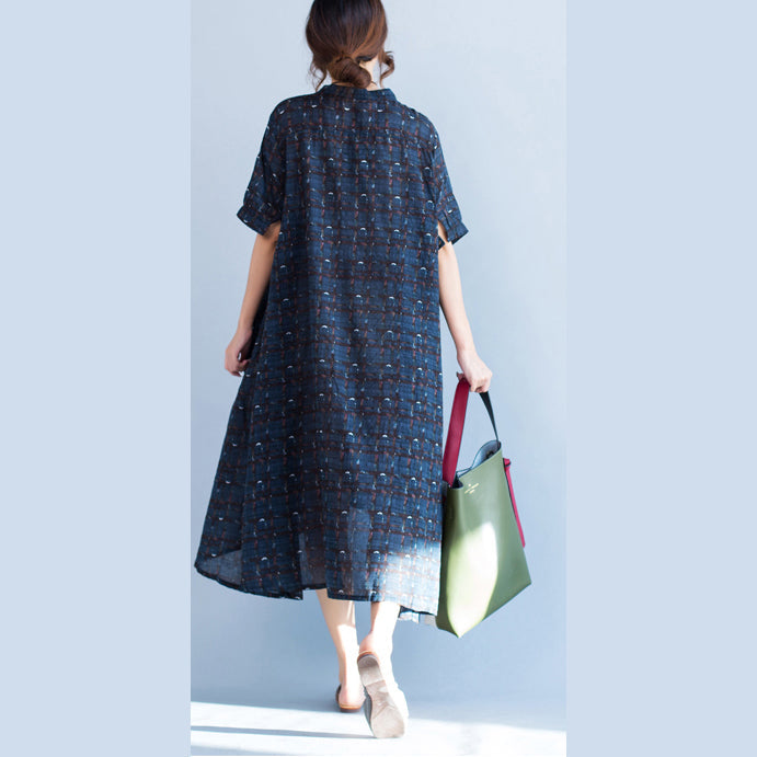Boutique Blue Plaid Natural Cotton Linen Dress Stand Baggy Dresses Boutique Short Sleeve Asymmetrical Design Dresses