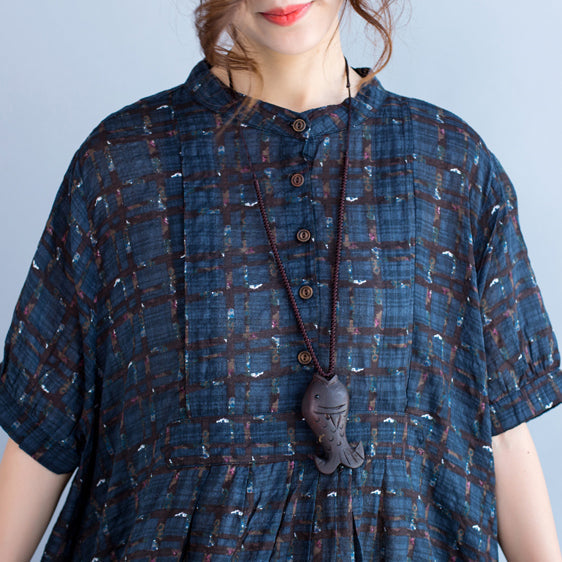 Boutique Blue Plaid Natural Cotton Linen Dress Stand Baggy Dresses Boutique Short Sleeve Asymmetrical Design Dresses