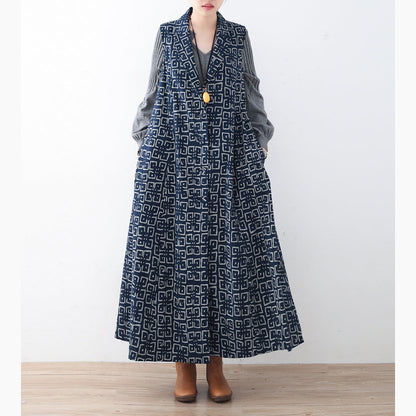 Boutique Black Cotton Polyester Coat Prints Outwear Sleeveless Maxi Coat