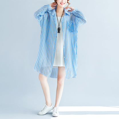 Boutique Blue Cotton Shift Dress Cotton Clothing Dresses New Lapel Collar Striped Shirt Dress