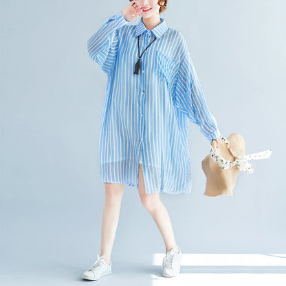 Boutique Blue Cotton Shift Dress Cotton Clothing Dresses New Lapel Collar Striped Shirt Dress