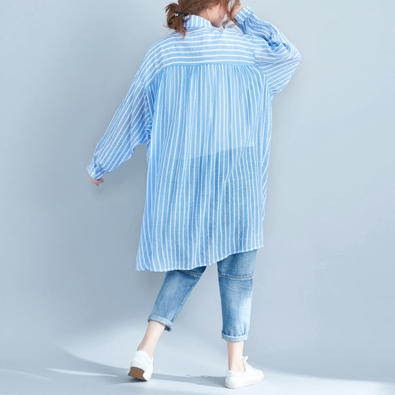 Boutique Blue Cotton Shift Dress Cotton Clothing Dresses New Lapel Collar Striped Shirt Dress