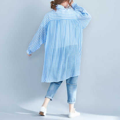 Boutique Blue Cotton Shift Dress Cotton Clothing Dresses New Lapel Collar Striped Shirt Dress