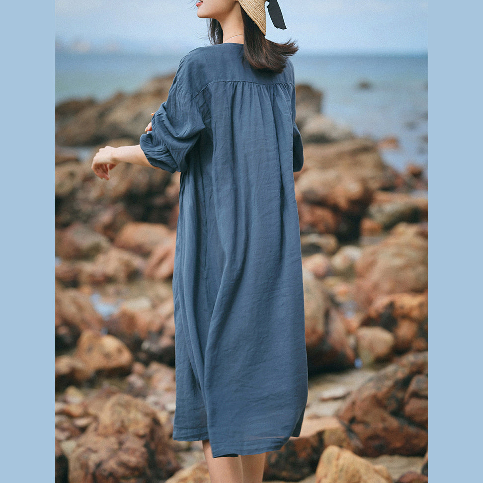 Boutique Blue Gray Linen Caftans Loose Fitting O Neck Linen Clothing Dress Fine Three Quarter Sleeve Large Hem Dresses