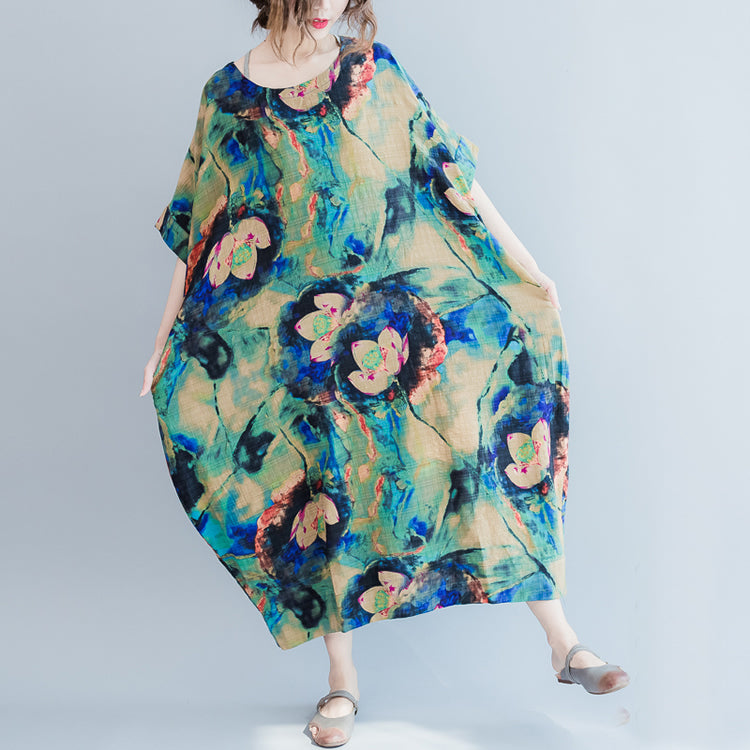 Boutique Blue Prints Long Linen Dresses Loose Fitting O Neck Linen Gown Short Sleeve Linen Caftans