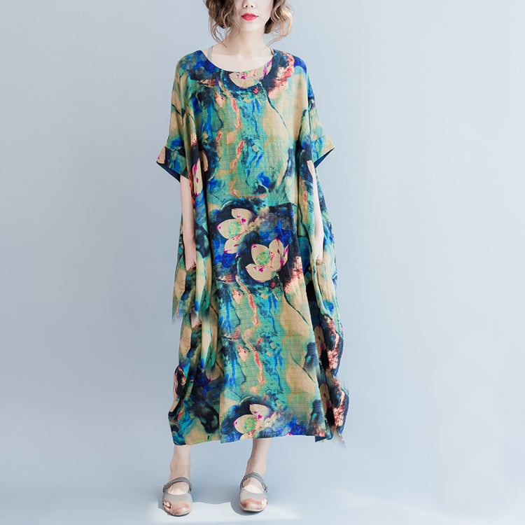 Boutique Blue Prints Long Linen Dresses Loose Fitting O Neck Linen Gown Short Sleeve Linen Caftans