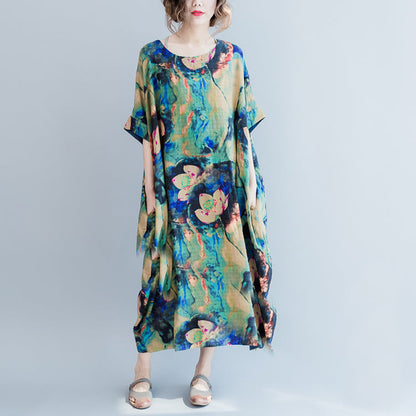 Boutique Blue Prints Long Linen Dresses Loose Fitting O Neck Linen Gown Short Sleeve Linen Caftans