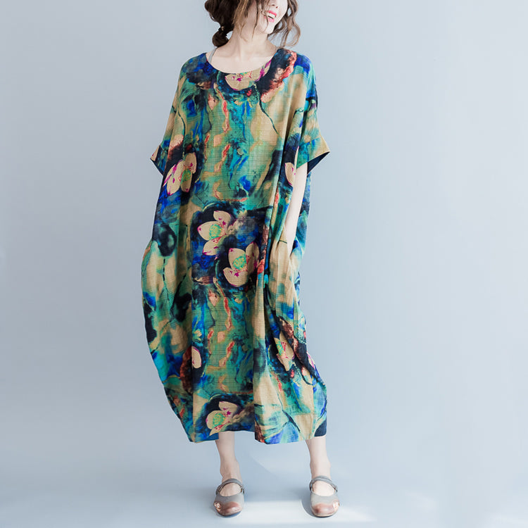 Boutique Blue Prints Long Linen Dresses Loose Fitting O Neck Linen Gown Short Sleeve Linen Caftans