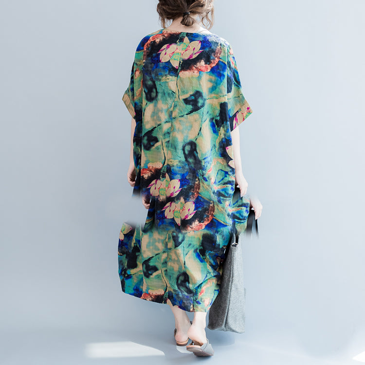 Boutique Blue Prints Long Linen Dresses Loose Fitting O Neck Linen Gown Short Sleeve Linen Caftans