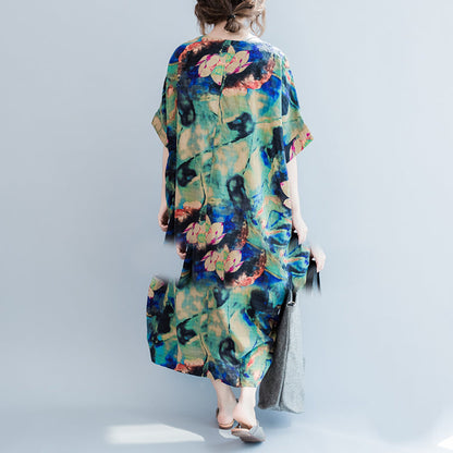 Boutique Blue Prints Long Linen Dresses Loose Fitting O Neck Linen Gown Short Sleeve Linen Caftans