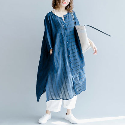Boutique Blue Striped Linen Maxi Dress O Neck Baggy Dresses Gown Fine Half Sleeve Side Open Maxi Dresses