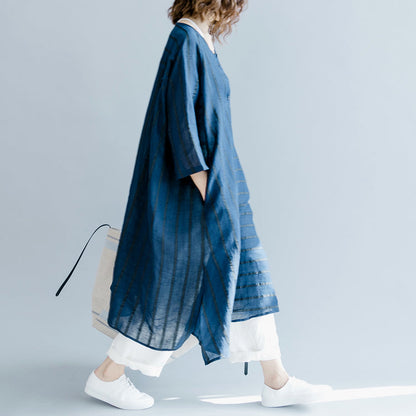 Boutique Blue Striped Linen Maxi Dress O Neck Baggy Dresses Gown Fine Half Sleeve Side Open Maxi Dresses