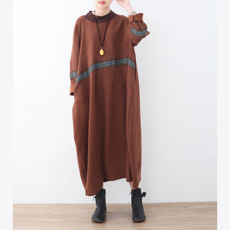 Boutique Brown Sweater Dress Fall Patchwork Pullover Fine High Neck Winter Dress
