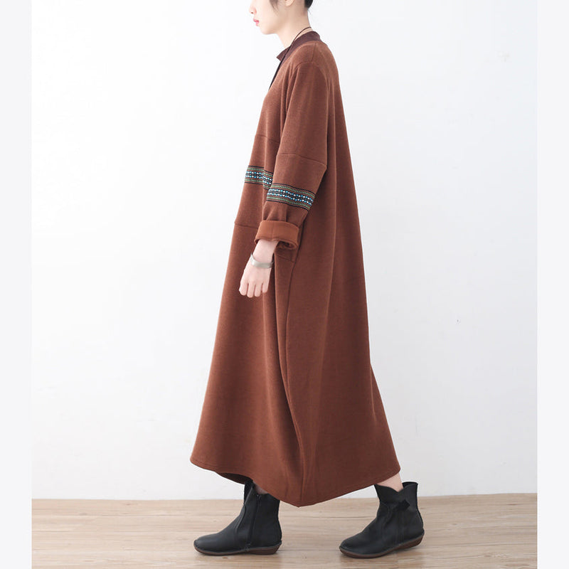 Boutique Brown Sweater Dress Fall Patchwork Pullover Fine High Neck Winter Dress