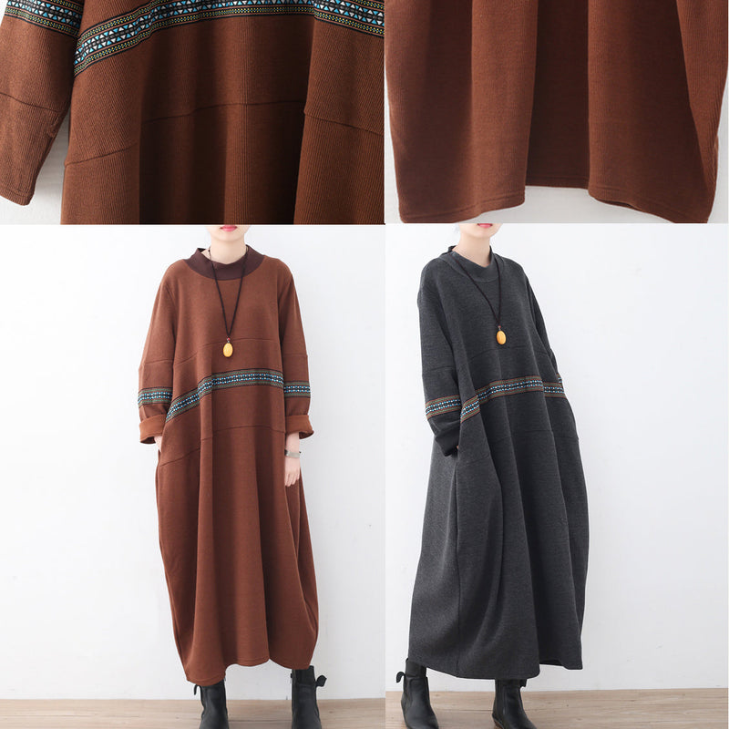 Boutique Brown Sweater Dress Fall Patchwork Pullover Fine High Neck Winter Dress
