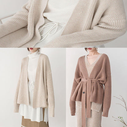 Boutique Brown Winter Sweater Loose Fitting V Neck Knitted Blouses Fine Tie Waist Sweaters
