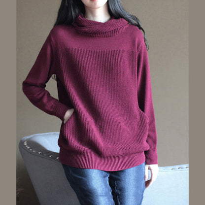 Boutique Burgundy Winter Sweater Loose Fitting Knitted Tops Thick Blouse Long Sleeve