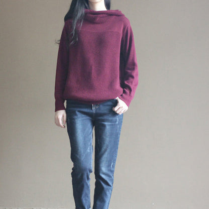 Boutique Burgundy Winter Sweater Loose Fitting Knitted Tops Thick Blouse Long Sleeve