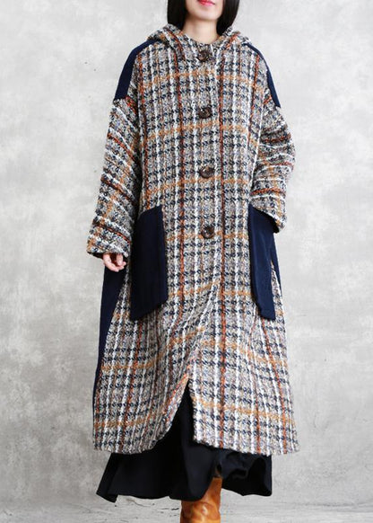 Boutique Long Winter Coat Blue Plaid Patchwork Hooded Wool Overcoat