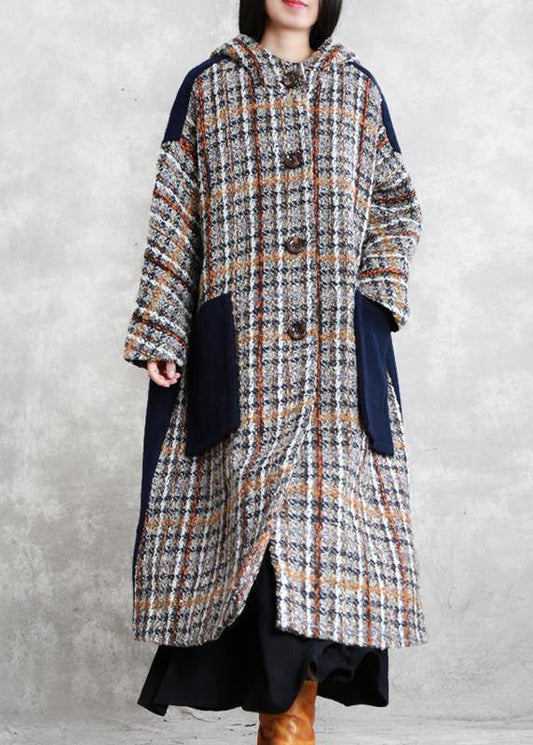 Boutique Long Winter Coat Blue Plaid Patchwork Hooded Wool Overcoat