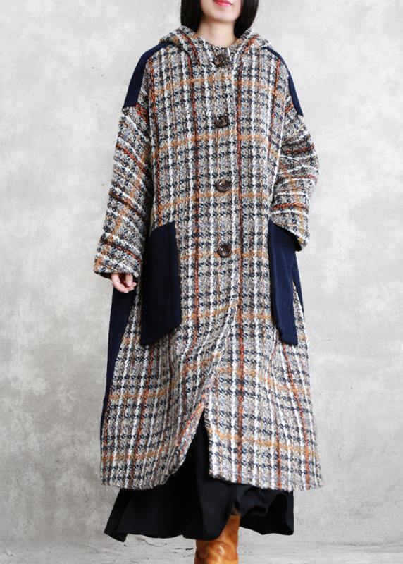 Boutique Long Winter Coat Blue Plaid Patchwork Hooded Wool Overcoat