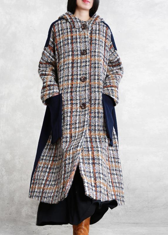 Boutique Long Winter Coat Blue Plaid Patchwork Hooded Wool Overcoat