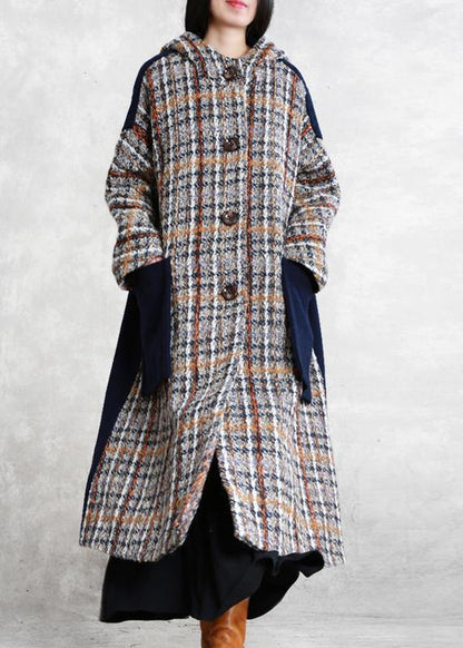 Boutique Long Winter Coat Blue Plaid Patchwork Hooded Wool Overcoat